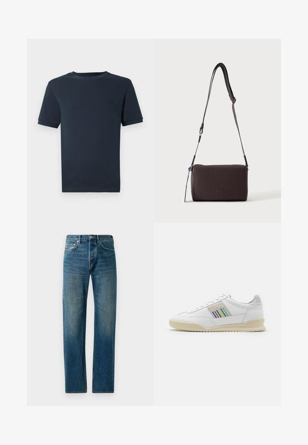 T-shirt en coton bleu foncé à manches courtes, col rond, et un petit logo texturé sur le côté gauche de la poitrine. Fini en tissu lisse.; Jeans en denim bleu avec une coupe droite, présentant un style à cinq poches, un léger délavage et des accents de couture contrastants.; Basket en cuir blanc avec une semelle crème, des accents de rayures multicolores sur le côté et un logo "PS Paul Smith" en doré.; Sac bandoulière en cuir marron foncé texturé avec une sangle réglable et un petit accent décoratif bleu sur le côté.