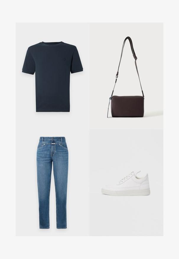 Donkerblauwe katoenen t-shirt met korte mouwen, ronde hals en een klein, gestructureerd logo op de linkerborst. Gladde stofafwerking.; Blauwe high-waisted rechtlopende jeans met voorkruiszakken, riemlussen, knoopsluiting en subtiele vervagingsdetails.; Witte leren sneaker met een afgeronde neus, platte zool en veters aan de voorkant. Voorzien van stikseldetails en een gevoerde kraag voor comfort.; Donkerbruine gestructureerde leren crossbodytas met verstelbare riem en klein decoratief blauw accent aan de zijkant.