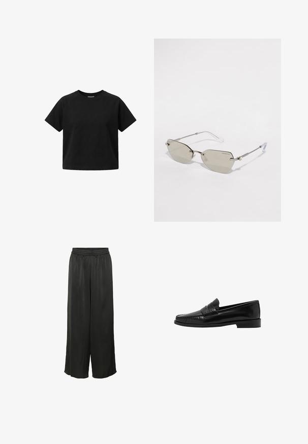 Camiseta negra corta de manga corta con cuello redondo, mostrada sobre un fondo blanco liso.; Pantalones de pierna ancha negros con cintura elástica, confeccionados en una tela suave y fluida, exhibidos sobre un fondo blanco.; Mango Zapatos sin cordones - black; Gafas de sol con lentes angulares grises, montura de metal plateado, varillas transparentes y pequeños acentos decorativos. Nombre de la marca visible en la montura.