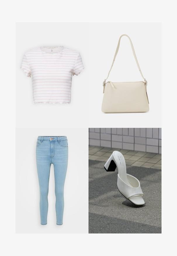 ONLY Petite ONLANITS CROPPED - Camiseta estampada - begonia pink/cloud dancer; Vaqueros skinny de denim azul claro con una cintura alta, que cuentan con un cierre frontal de botón y cremallera, cinco bolsillos y un ligero desgastado.; Un mule blanco de punta abierta con tacón cuadrado, sobre asfalto gris frente a una pared con azulejos.; Bolso de hombro beige hecho de cuero suave con cierre de cremallera. Presenta un diseño simple, correa de hombro delgada y acentos de hardware metálico.