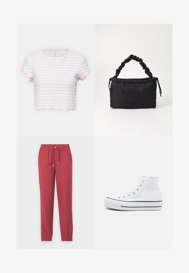 ONLY Petite ONLANITS CROPPED - Trükipildiga T-särk - begonia pink/cloud dancer; Punased, kerged, kitsenevad püksid elastse vöökoha ja paelaga. Omavad pahkluu mansette ja sujuvat tekstuuri.; Valged kõrged tossud, millel on tekstiilmaterjal, must kummist tallat ja kontrastne must riba keskosas. Ümar varbakiht ja nöörimise disain.; Must värvitud must kott, mis on valmistatud pehmest ja siledast kangast. Omab kokku tõmmatud käepidet ja nööriga sulgemist, on ristküliku kujuga ning sellel pole nähtavat metallist osade.