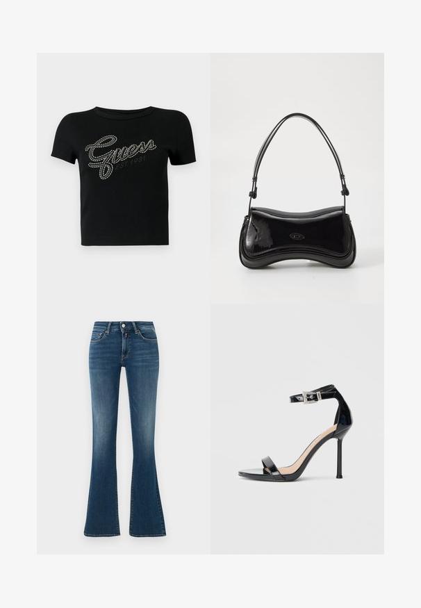 Schwarzes, kurzärmliges, figurbetontes T-Shirt aus geripptem Stoff, mit mit Strasssteinen besetztem "Guess"-Logo und dem Schriftzug "EST. 1981" in einem kursiven Design.; Blaue Denim-Hosen mit hoher Taille und leichtem Verblassen, vorderen Taschen, Knopf, Reißverschluss und ausgestellten Beinen vor einem schlichten hellen Hintergrund.; Schwarzer Riemchensandale aus Lackleder mit hohem Absatz und Knöchelriemen. Verfügt über ein minimalistisches Design, offene Zehenpartie und eine Schnalle mit Strassakzenten.; Schwarze Handtasche aus lackiertem Leder mit einer geschwungenen Form, einem einzelnen Griff und einem runden Boden. Verfügt über ein dezentes Logo-Detail auf der Vorderseite.