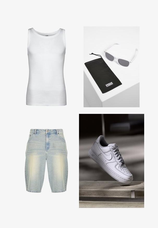 Valge soonikkoes varrukateta tanktop ümar kaelusega ja sirge alläärega, esitatud lihtsal taustal.; Heledad sinine denim lühikesed püksid pleekinud pesuga, klassikalise viie taskuga disain, vööaasad ja sirge lõige.; Valge nahast Nike Air Force 1 tennisejalanõu, millel on perforatsiooniga varvas, lamedad paelad ja tekstureeritud kummist tallaga, millel on küljele märgitud "AIR".; Valged plastikust prillid hallide läätsedega musta kangast kotikese kõrval, millel on tugeva kirjatüübiga valge "URBAN CLASSICS" logo.