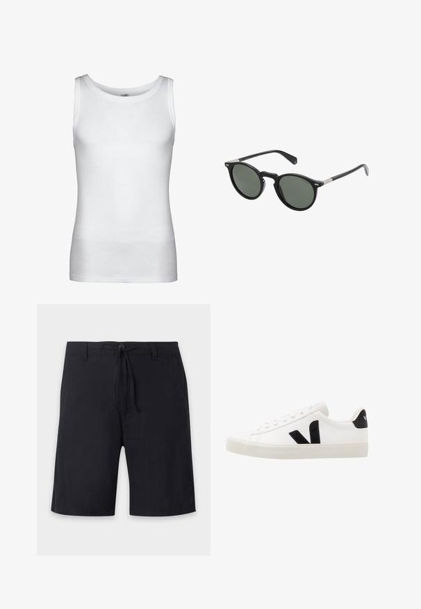 Camiseta sin mangas blanca acanalada con escote redondo y dobladillo recto, mostrada sobre un fondo liso.; Pantalones cortos negros hasta la rodilla con trabillas para cinturón, cierre con botón y cordón ajustable en la cintura.; Zapatilla de cuero blanca con acentos de ante negro; presenta una suela de goma, puntera redonda y un diseño clásico de cordones. Logo lateral en negro.; Gafas de sol redondas negras con lentes verde oscuro, montura de plástico y detalles metálicos en las varillas. Textura suave, diseño minimalista.