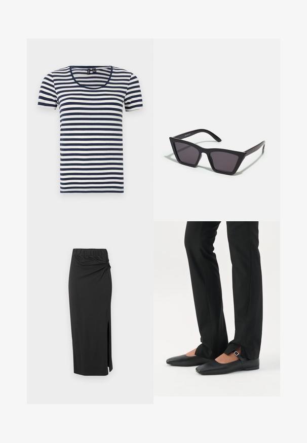 Camiseta de rayas con mangas cortas, con rayas horizontales en azul marino y blanco, cuello redondo y fabricada en un suave tejido de algodón.; Falda negra de longitud media, hecha de una tela suave. Presenta una cintura elástica, un detalle retorcido en la cadera y una abertura lateral. Textura suave en general.; Piernas con pantalones ajustados negros con aberturas frontales en el dobladillo, combinados con zapatos planos Mary Jane negros con una pequeña correa con hebilla.; Gafas de sol negras y angulares con lentes grises; fabricadas en plástico, con varillas gruesas de superficie suave y sin herrajes visibles.