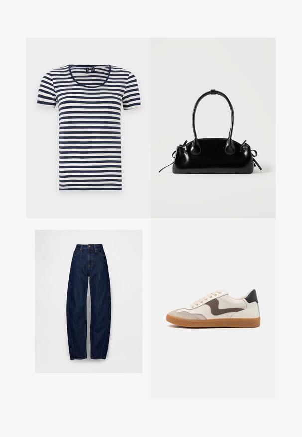 Stribet T-shirt med korte ærmer, der har marineblå og hvide vandrette striber, en rund halsudskæring og et blødt bomuldsstof.; Mørkeblå høj talje denim jeans med afslappet pasform, der har fem lommer, en enkelt frontknap og syede detaljer langs sømmene.; Sneakers med en cremefarvet læderoverdel, en mørkebrun svine læder detalje, beige snørebånd og en gummigummisål; klassisk lavprofil design.; Lille sort blank håndtaske med to lange håndtag og snøre-detaljer i siden på en ensfarvet lys baggrund.