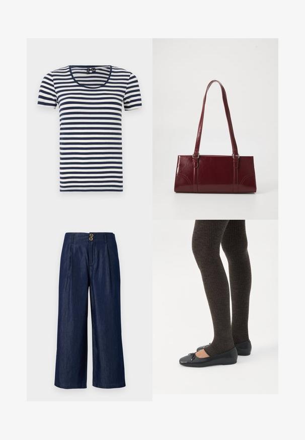 T-shirt rayé à manches courtes, avec des rayures horizontales bleu marine et blanches, un col rond et un tissu doux en coton.; Pantalon en denim à jambes larges bleu foncé avec fermeture à deux boutons à l'avant, doté de plis, d'une texture lisse et d'un ourlet droit.; Jambes portant des leggings côtelés foncés associés à des ballerines noires avec de petits détails en nœud sur fond blanc.; Sac à main bordeaux en matériau brillant, de forme rectangulaire, avec deux anses et des accents légèrement courbés à l'avant.