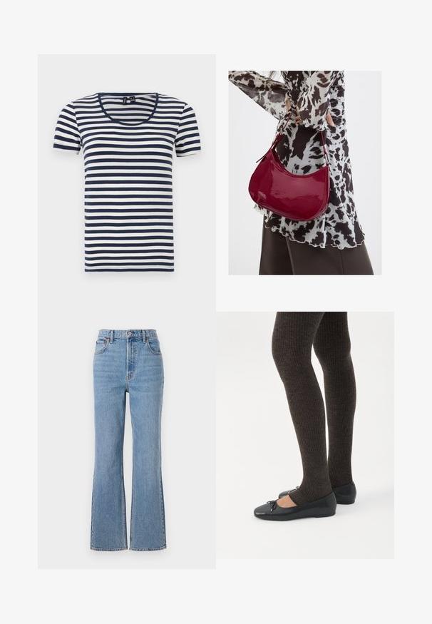 Stribet T-shirt med korte ærmer, der har marineblå og hvide vandrette striber, en rund halsudskæring og et blødt bomuldsstof.; Abercrombie & Fitch FRONT TO BACK TONAL STRAIGHT - Jeans Relaxed Fit - blue denim; Ben iført mørke ribbede leggings kombineret med sorte balletsko med små sløjfedetaljer på hvid baggrund.; Kvinde iført en sort- og hvidmønstret bluse, der holder en blank rød skuldertaske mod en ensfarvet baggrund.