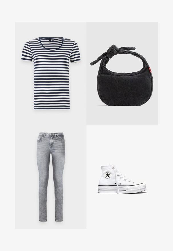 Stribet T-shirt med korte ærmer, der har marineblå og hvide vandrette striber, en rund halsudskæring og et blødt bomuldsstof.; Grå denim skinny jeans med høj talje, fem lommer og subtil lysning over det hele. Har lynlås og knaplukning.; Hvid højtop Converse Chuck Taylor All Star-sneaker med sort logo-patch og hvide snørebånd, vist på hvid baggrund.; Lille sort denim skuldertaske med knyttet rem og lynlåslukning, med en rød Levi's stofetiket på siden.