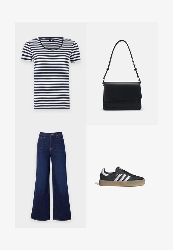 Camiseta de rayas con mangas cortas, con rayas horizontales en azul marino y blanco, cuello redondo y fabricada en un suave tejido de algodón.; Jeans de pierna ancha de un azul oscuro, hechos de denim, con una cintura alta, diseño de cinco bolsillos y costuras naranjas contrastantes a lo largo de las costuras.; Zapatilla deportiva de cuero negro con tres rayas plateadas, punta texturizada y suela de goma. Cuenta con un collar acolchado y un diseño con cordones.; Pieces PCNIBINA HARMONICA CROSS BODY - Bandolera - black