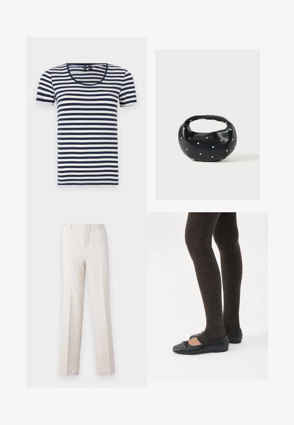 T-shirt rayé à manches courtes, avec des rayures horizontales bleu marine et blanches, un col rond et un tissu doux en coton.; Pantalons beige sur mesure avec une coupe droite, présentant une texture lisse, deux poches avant et sans détails matériels visibles.; Jambes portant des leggings côtelés foncés associés à des ballerines noires avec de petits détails en nœud sur fond blanc.; Sac à main en cuir noir de forme arrondie, décoré de clous argentés et équipé d'une poignée courte. Texture lisse et fermeture éclair.