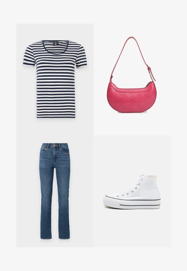 Stribet T-shirt med korte ærmer, der har marineblå og hvide vandrette striber, en rund halsudskæring og et blødt bomuldsstof.; Blå denim jeans med en straight-leg design, høj talje, fem lommer og kontrastsying. Blød tekstur med minimal falming.; Hvide høj-top sneakers lavet af kanvasmateriale, sort gummisål og kontrasterende sort stribe på mellemsålen. Rund tåhætte og snørebåndsdesign.; Lyserød læderhandbag med en buet form, en enkelt justerbar skulderrem og en top-lynlås. Tekstureret overflade med synlige folder.