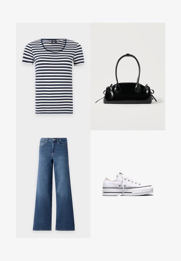 Camiseta de rayas con mangas cortas, con rayas horizontales en azul marino y blanco, cuello redondo y fabricada en un suave tejido de algodón.; Pantalones vaqueros de denim azul de pierna ancha con una cinturilla estándar, bolsillos delanteros y una textura suave. Sin patrones visibles ni adornos.; Zapatilla baja de lona blanca con cordones blancos, rayas negras en la suela y puntera de goma texturizada, vista lateral sobre fondo blanco.; Pequeño bolso negro brillante con dos asas largas y detalles de cordón lateral sobre un fondo claro liso.