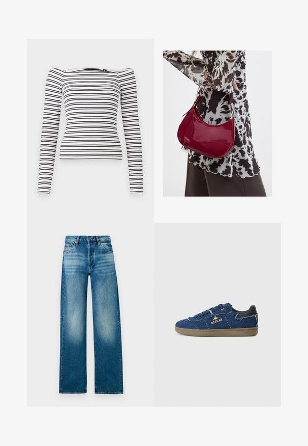 Haut à manches longues rayé avec un design ajusté. Fond blanc avec des rayures horizontales navy. Texture ribbed douce et décolleté en décalé.; Jean en denim bleu clair avec une taille haute, une coupe large et une finition délavée. Comprend un design classique à cinq poches et une fermeture à bouton en métal.; Replay PYPER - Baskets basses - blue; Femme portant un chemisier à motif noir et blanc tenant un sac à main rouge brillant sur un fond uni.
