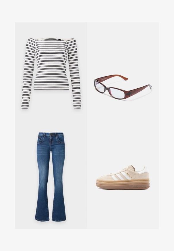 Gestreepte longsleeve top met een fitted ontwerp. Witte basis met marineblauwe horizontale strepen. Zachte geribbelde textuur en off-the-shoulder halslijn.; Uitlopende blauwe denim jeans met een medium wash, met een klassiek vijf-pocket ontwerp, subtiele wassing en versterkte stiksels.; Beige suède sneaker met witte leren accenten, voorzien van drie witte strepen, een gouden logo en een dikke, doorschijnende rubberen zool.; Bruin getinte rechthoekige brillen met een glanzende afwerking, met slanke pootjes en doorzichtige glazen. Logo zichtbaar op de linkertempel.
