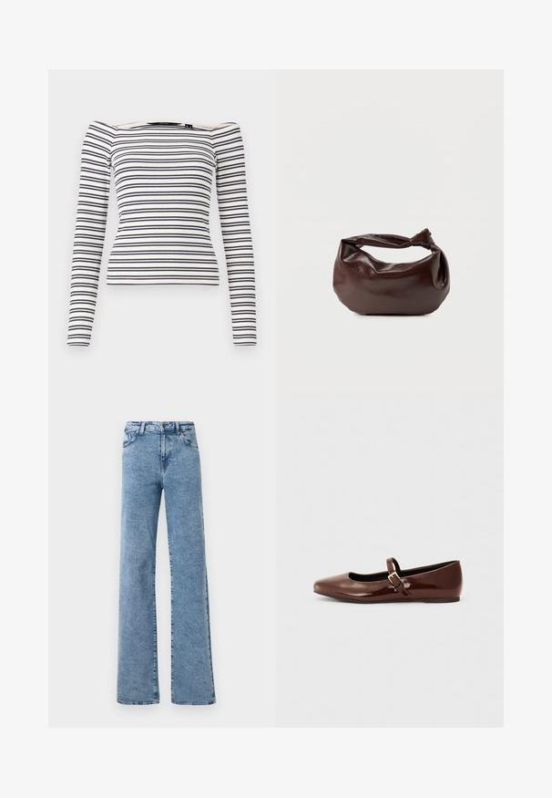 Stribet langærmet top med en tætsiddende design. Hvid bund med marineblå vandrette striber. Blød ribbet tekstur og off-the-shoulder halsudskæring.; Noisy May Straight fit NMYOLANDA - Wide leg - medium blue denim; Brun patentlæder balletflade med firkantet tå og strop med en lille guldbuckle. Glat tekstur, lav hæl og minimalistisk design.; Mørkebrun læder skuldertaske med en blød, afslappet form og et snoet knudehåndtag på en ensartet hvid baggrund.