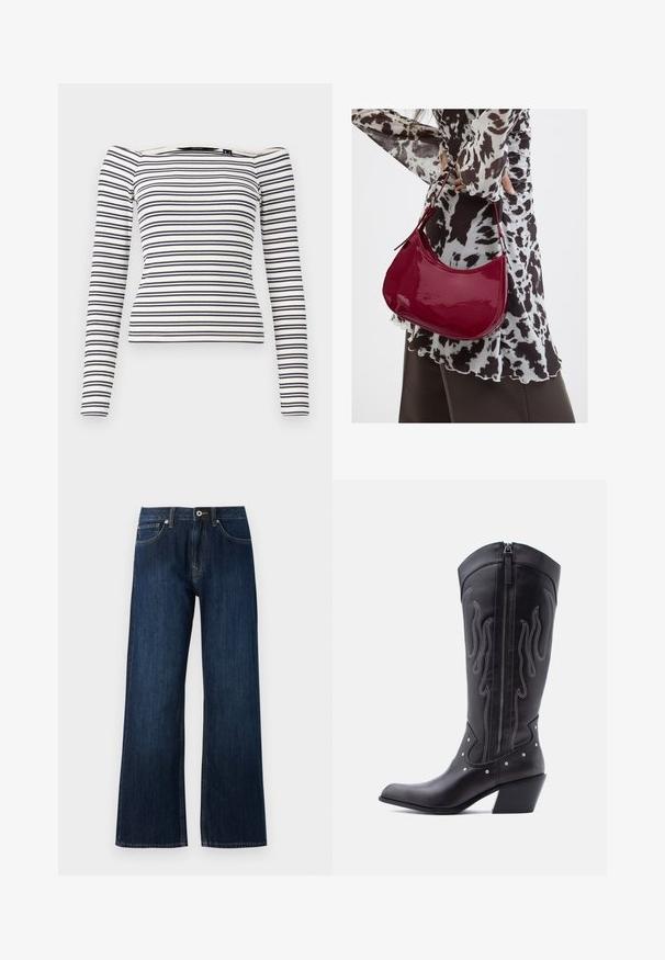 Stribet langærmet top med en tætsiddende design. Hvid bund med marineblå vandrette striber. Blød ribbet tekstur og off-the-shoulder halsudskæring.; Bredde ben mørkeblå jeans lavet af denim, med lynlås og knaplukning, samt to forreste lommer med kontrasterende syninger.; Sorte cowboystøvler i læder med spids tå, synlige sømme, sølvfarvede nitte-detaljer og lynlås på den indvendige side.; Kvinde iført en sort- og hvidmønstret bluse, der holder en blank rød skuldertaske mod en ensfarvet baggrund.