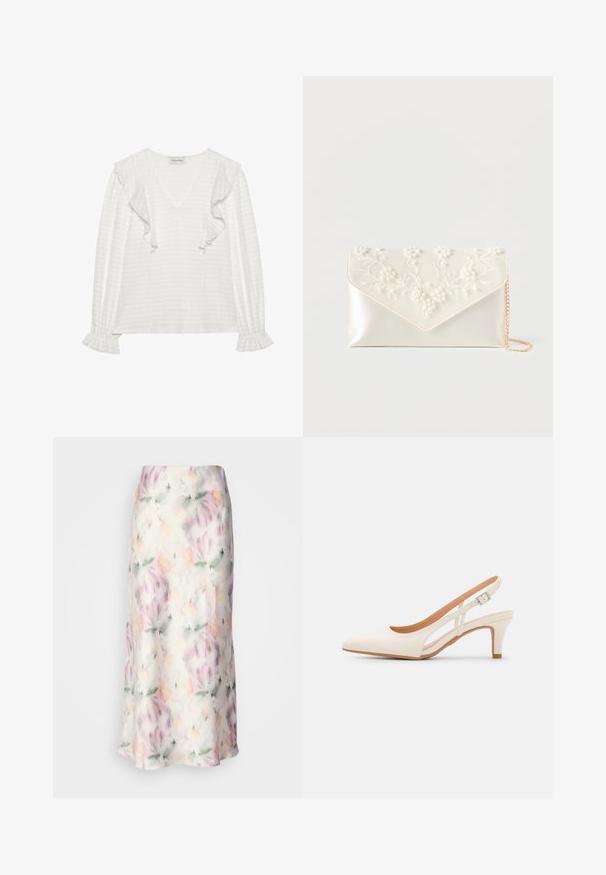 Hvid langærmet top med V-udskæring, med rynkede detaljer på skuldrene og manchetterne, lavet af tekstureret stof.; Blomster midi-nederdel i let stof, med et akvarelprint i pastelfarver, har et flydende design og en subtil glans.; Hvide slingback hæle med spids tå, glat overmateriale, lav blokhæl og sideudskæringsdesign med justerbar spænderem.; Cremefarvet satin clutch med perle- og blomsterbroderi på klappen og en tynd guldkæde som strop på hvid baggrund.