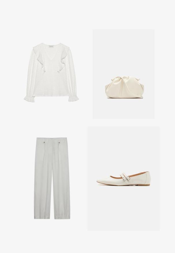 Haut blanc à manches longues avec décolleté en V, présentant des accents froncés sur les épaules et les poignets, fabriqué en tissu texturé.; Pantalons taille haute en gris clair, à jambes larges, fabriqués en tissu doux. Comprend deux plis avant, deux boutons de fermeture et une texture lisse.; Ballerines en cuir verni blanc avec un bout pointu, deux sangles décoratives avec des boucles en argent, et une semelle marron discrète.; Pochette en cuir souple couleur crème avec un design froncé et une fine bandoulière reposant à l’avant sur un fond uni.