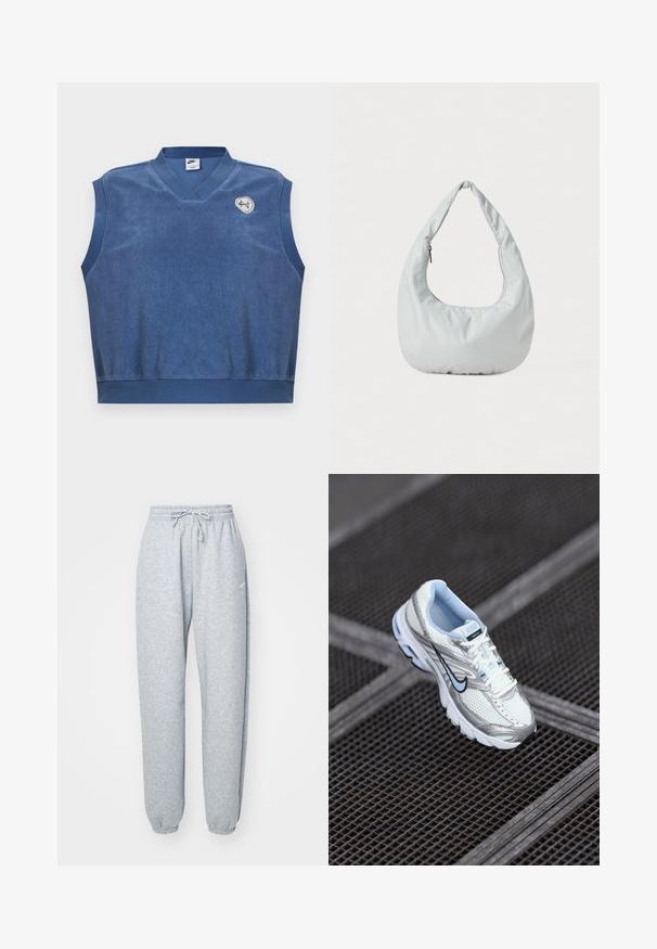 Ærmeløs blå Nike terry stof vest med V-hals og lille hvidt og blåt broderet logo på øverste venstre bryst.; Lysgrå sweatpants lavet af blød bomuldsblanding, med elastisk talje og snoretræk, tapered ben og ribbede manchetter. Minimal brandingdetalje.; Hvide mesh atletiksko med sølvdetaljer, lyseblå syninger og et sort swoosh-logo. Har en polstret krave og en tekstureret sål.; Blød, lys grå hobo-taske lavet af syntetisk materiale. Har et enkelt polstret håndtag og en lynlåslomme på siden.
