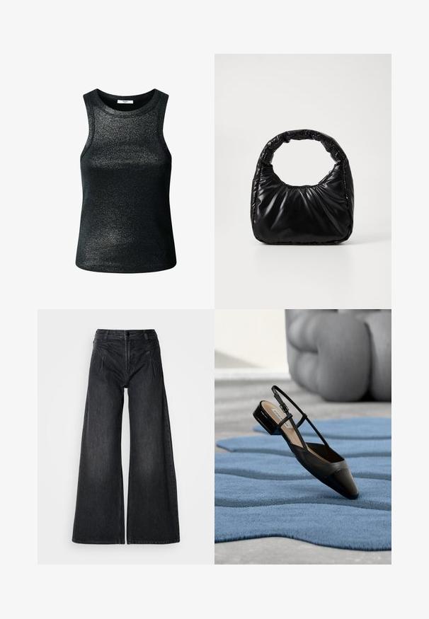 Schwarzes, ärmelloses Oberteil aus schimmerndem, strukturiertem Stoff. Verfügt über einen runden Ausschnitt und eine figurbetonte Passform, geeignet für legere oder geschichtete Looks.; Schwarze weit geschnittene Jeans aus Denim, mit hoher Taille, zwei Fronttaschen und sichtbaren Nähten sowie einer dezenten strukturierten Oberfläche.; Schwarzer Slingback-Schuh aus Lackleder mit niedrigem Blockabsatz, der auf einem strukturierten blauen wellenförmigen Teppich und grauen gepolsterten Möbeln ruht.; Schwarze gepolsterte Handtasche mit einem runden Griff, die eine glatte, glänzende Oberfläche und eine weiche, gestepfte Textur aufweist. Keine sichtbare Hardware oder Akzente.