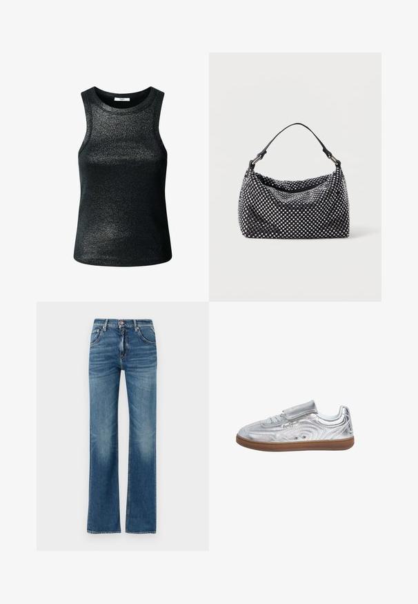 Top negro sin mangas hecho de una tela brillante y texturizada. Cuenta con un escote redondo y una forma ajustada, adecuado para uso casual o para llevar en capas.; Vaqueros de mezclilla azul claro con una cintura alta, pernera acampanada y áreas sutilmente desgastadas, que cuentan con cinco bolsillos y un cierre de botón.; Pepe Jeans Zapatillas - silver-coloured; Bolso negro y plateado con una superficie tejida y texturizada que presenta patrones cuadrados, un asa superior única y un diseño holgado.
