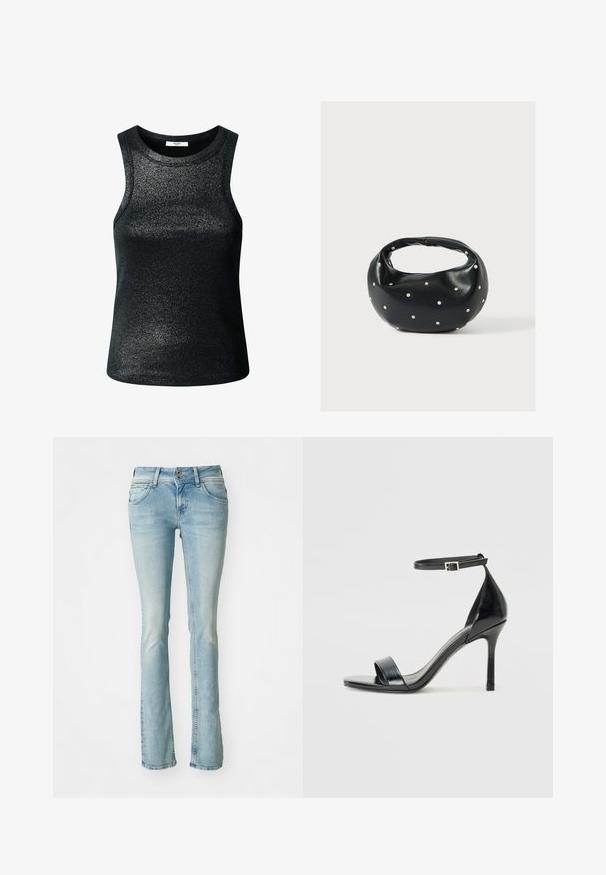 Haut noir sans manches en tissu scintillant et texturé. Présente un col rond et une coupe ajustée, adapté pour un port décontracté ou en superposition.; Jean en denim bleu clair, design bootcut, style à cinq poches, détails décolorés, fermeture éclair et bouton, accents de couture subtils, taille moyenne.; Sandale à talon haut en cuir verni noir avec un bout ouvert, une seule lanière à l'avant et une lanière de cheville ajustable.; Sac à main en cuir noir de forme arrondie, décoré de clous argentés et équipé d'une poignée courte. Texture lisse et fermeture éclair.