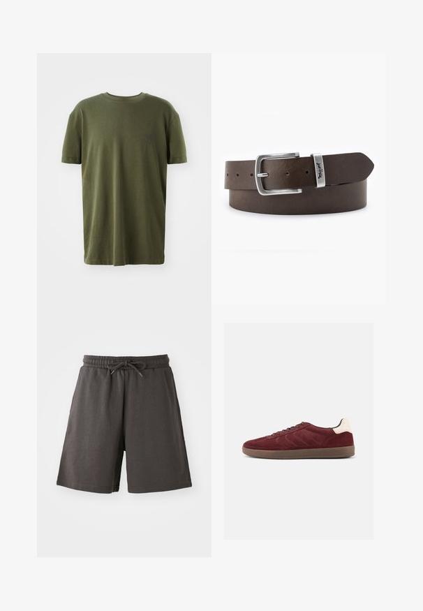 T-shirt vert olive en coton, à manches courtes, col rond, avec un petit logo imprimé en bleu foncé sur la poitrine gauche.; Shorts gris foncé en tissu doux, dotés d'une taille élastique, d'un cordon de serrage réglable et d'une coupe au niveau des genoux. Texture lisse, sans motifs.; Baskets en daim bordeaux avec fermeture à lacets, détails texturés sur les côtés et accent de talon clair. Semelle en gomme avec une finition lisse.; Ceinture en cuir marron avec une boucle en métal argenté, de forme rectangulaire, comportant plusieurs trous d'ajustement pour la taille.