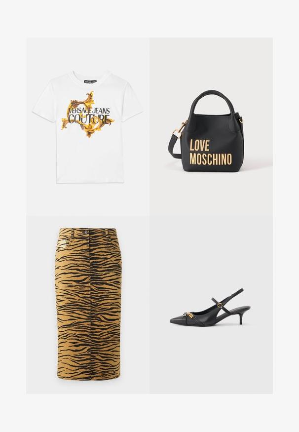 Hvid bomulds t-shirt med et guld- og brun barokmønster, hvor "VERSACE JEANS COUTURE" er fremtrædende i sort skrift.; Tigerstribet nederdel med en gylden baggrund og sorte mønstre. Lavet af denim, har den en lige pasform og inkluderer lommer.; Sort læder slingback kitten heel med spids tå, guldspænde og dekorative gulddetaljer foran.; Sort Moschino-håndtaske med guldbogstaver, korte håndtag og en aftagelig skulderrem på en ensfarvet lys baggrund.