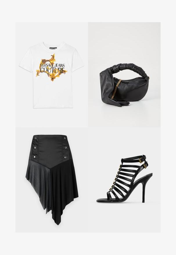 Witte katoenen T-shirt met een gouden en bruine barokprint, met "VERSACE JEANS COUTURE" prominent weergegeven in zwarte letters.; Zwarte asymmetrische rok met een mix van matte en textuurstoffen, voorzien van zilveren knoopdetails op de taille en een gelaagde zoomontwerp.; Zwarte leren sandaal met hoge hak, meerdere horizontale banden en twee gouden gespen bij de enkel op een effen lichte achtergrond.; Zwarte leren handtas met een gedraaide handgreep, gouden kettingaccent en een afgeronde vorm. Beschikt over een gladde textuur en ritsluiting.