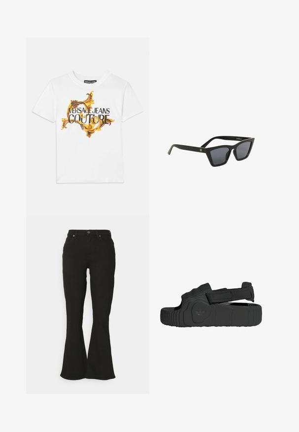 Hvid bomulds t-shirt med et guld- og brun barokmønster, hvor "VERSACE JEANS COUTURE" er fremtrædende i sort skrift.; Sorte flared jeans med en glat tekstur, fem lommer og lukning med knap foran. Har en tætsiddende talje, der fører til brede benåbninger.; Sorte sandaler lavet af struktureret gummi med en bred rem og justerbar velcro-lukning. Har en mønstret sål og mærke-logo detalje.; Sorte katteøje-solbriller med mørke tonede linser. Fremstillet af blank plastik, med en karakteristisk form og et diskret mærkelogo på stellet.