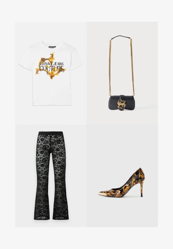 Hvid bomulds t-shirt med et guld- og brun barokmønster, hvor "VERSACE JEANS COUTURE" er fremtrædende i sort skrift.; Sorte blonde flared bukser med blomstermønster, elastisk sort talje, gennemsigtig tekstur og en tætsiddende silhuet.; Spidse højhælede sko med en glossy sort overflade, prydet med gyldne blomster mønstre og en metallisk guldkappe på tåen.; Lille sort læder skuldertaske med guldfarvet slangeformet lås og tyk guldkæde med sort læder skulderpude.