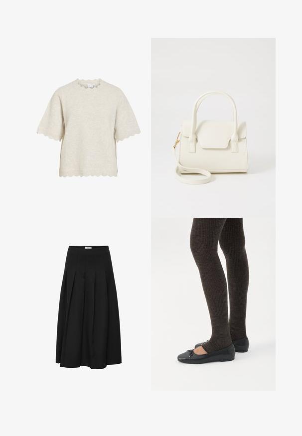 Beige korte mouw gebreide top met geschulpte randen aan de mouwen, zoom en halslijn, gemaakt door het merk VILA.; Zwarte plissé midi rok gemaakt van gladde stof. Heeft een hoge taille en een vloeiende silhouet met netjes gestikte plooien.; Benen met donkere geribbelde leggings gecombineerd met zwarte ballerina's met kleine strikdetails op een witte achtergrond.; Kleine witte handtas met dubbele handvatten, voorflap en afneembare schouderband met gouden gesp op een effen witte achtergrond.