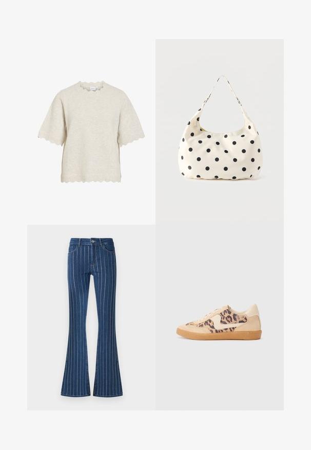 Beige kortærmet striktop med bølgede kanter på ærmer, kant og halsudskæring, lavet af VILA-mærket.; Blå denim jeans med flared ben, der har vertikale hvide striber, en lynlås foran og lommer. Stoffet har en let struktureret overflade.; Leopardprint sneakers med beige ruskindsoverdel, tan gummisål og hvide detaljer. Rund pegefinger og snørebåndsdesign med en tekstureret finish.; Håndtaske i cremefarvet stof med sorte polkaprikker og en enkelt skulderrem, vist mod en ensfarvet hvid baggrund.