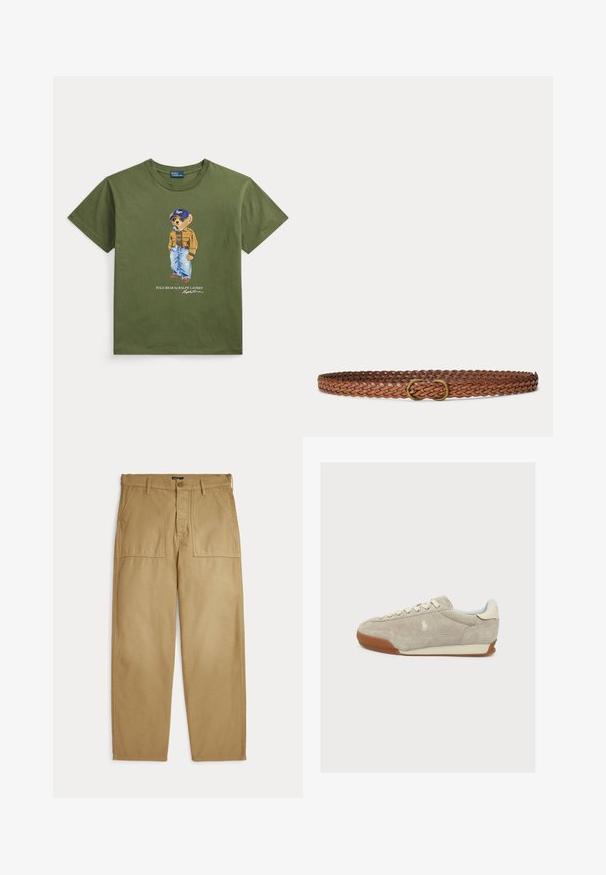 Oliiviroheline T-särk, millel on kujutatud karu päikeseprillide, nokamütsi, pruuni jope ja siniste teksadega ning tekstiga Polo Bear by Ralph Lauren.; Beežid sirge lõikega püksid ees taskutega, vööaasadega ja nööbi ning lukuga kinnitusega.; Beežist seemisnahast toss valgete paelte, kummitalla ja väikese tikitud logoga küljel, vaadatuna vasakult valgel taustal.; Pruun punutud nahkvöö väikese messingist ovaalse pandlaga, kuvatud tasapinnaliselt helehallil taustal.