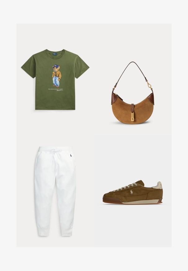 Olivovo zelené tričko s grafikou medveďa, ktorý má na sebe slnečné okuliare, čiapku, hnedú bundu a modré džínsy, s nápisom Polo Bear od Ralph Lauren.; Biele teplákové nohavice s elastickým pásom a šnúrkou, bočnými vreckami, rebrovanými manžetami a malým tmavým logom na pravej strane stehna.; Hnedá semišová teniska s krémovými šnúrkami, hrubou podrážkou a malým bielym vyšitým logom na boku.; Hnedá semišová kabelka v tvare polmesiaca s tmavohnedými koženými detailmi, zlatými kovaniami a krátkym ramenným popruhom.