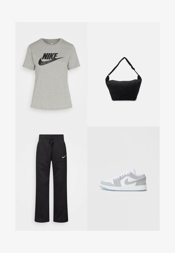 Camiseta de algodón gris con un logo negro de Nike en el pecho. Mangas cortas y un diseño clásico de cuello redondo.; Pantalones de chándal negros hechos de una mezcla de algodón, con una cintura elástica ajustable, piernas rectas y un logo blanco de Nike en el lado izquierdo.; Zapatillas Nike que presentan una combinación de piel gris y blanca, puntera perforada, cordones y una suela exterior azul claro con detalles del logo.; Bolso de hombro de tela negro con una superficie suave y texturizada, forma redondeada y una sola correa. Diseño minimalista sin hardware ni acentos visibles.