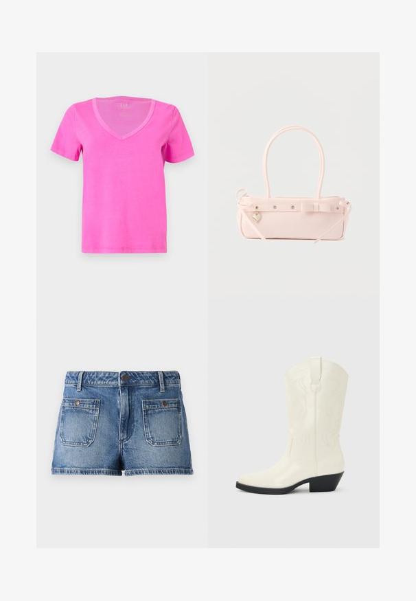 Camiseta de manga corta y escote en V de color rosa brillante con una textura suave, exhibida sobre un fondo liso de color gris claro.; Pantalones cortos de mezclilla en azul claro con un acabado desvaído, diseño de cinco bolsillos, dos bolsillos frontales, dos bolsillos traseros y una cintura con botón.; Bota blanca de estilo occidental hasta la mitad de la pantorrilla, con punta puntiaguda, tacón apilado negro, costuras decorativas y tira para tirar en el eje.; Bolso rectangular de color rosa pálido con doble asa, lazo decorativo, ojales metálicos y un pequeño colgante en forma de corazón sobre un fondo liso.