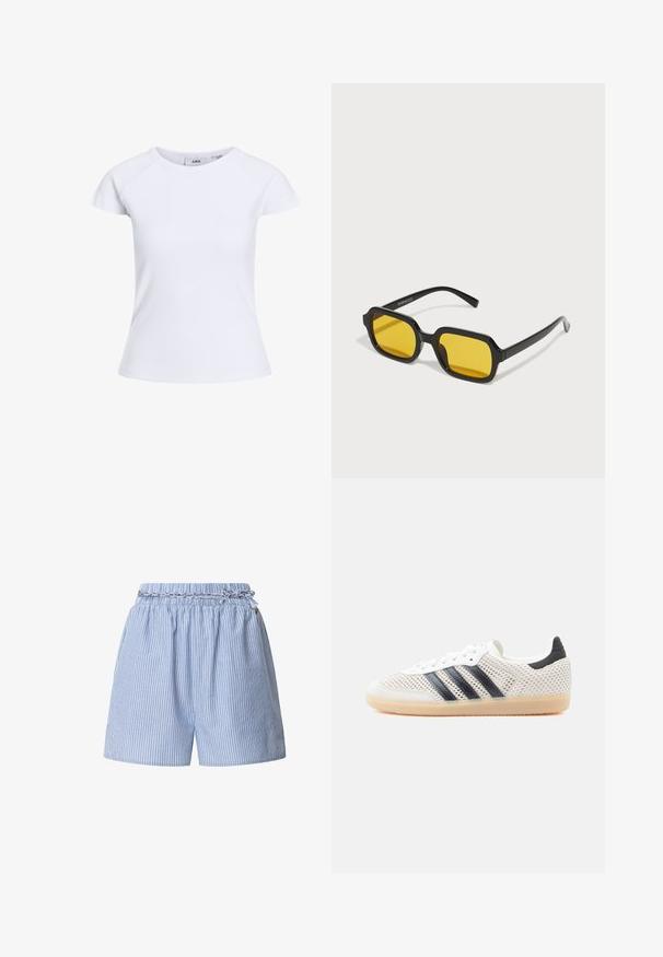 Weißes, kurzärmeliges, figurbetontes, geripptes T-Shirt mit rundem Ausschnitt und Raglanärmeln, auf einfachem Hintergrund dargestellt.; Gestreifte blaue Shorts mit einem elastischen Taillenbund und geflochtenem Kordelzug. Verfügt über vertikale weiße Streifen und ein entspanntes Design.; Weiße Mesh-Sneaker mit schwarzem Drei-Streifen-Design, abgerundeter Spitze und Gummisohle. Verfügen über einen weichen Fersenkragen und Schnürverschluss.; Schwarze rechteckige Sonnenbrillen mit gelben Gläsern. Merkmale sind dicke Rahmen und ein kantiges Design mit einer glatten, glänzenden Oberfläche.
