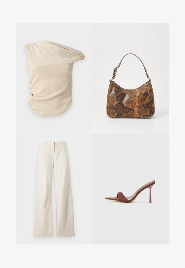 Haut beige clair en tissu texturé, présentant un design drapé avec des détails froncés sur un côté et une encolure large, dénudée d'une épaule.; Pantalons larges en tissu coton crème. Présente une taille haute, un design structuré et des détails de couture minimalistes. Devant plat avec poches.; Sandales à talons marron avec un bout pointu, fabriquées en tissu lisse. Présentent un design minimaliste avec un haut talon aiguille et un dos ouvert.; Petit sac à main avec un motif en peau de serpent marron et noir, courroie courte et ajustable, et fermeture éclair.