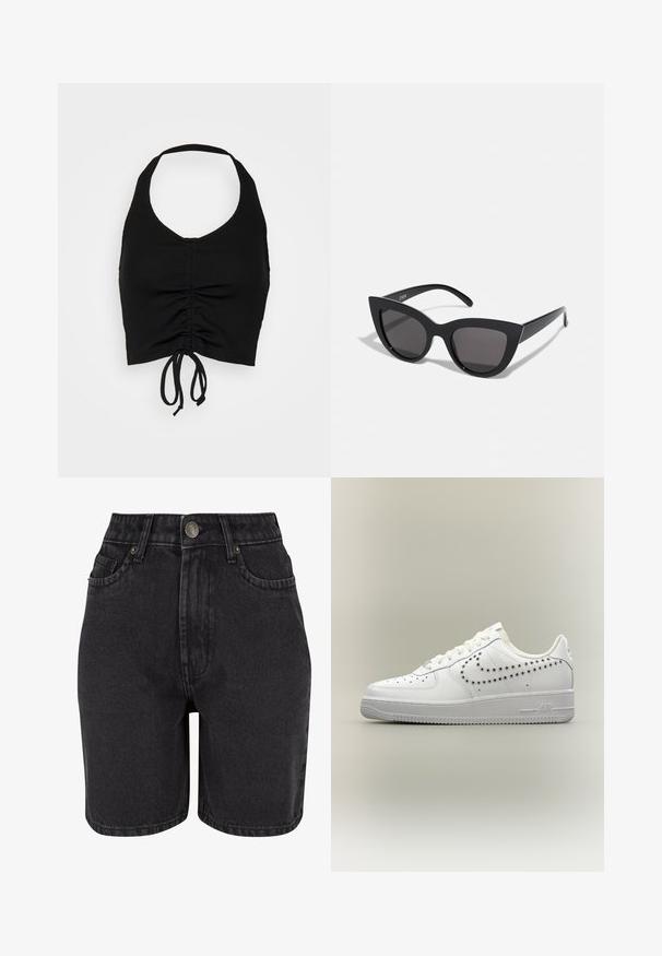 Even&Odd by Zalando Top - black; Zwarte denim shorts met een hoge taille, vijf-pocket ontwerp en metalen knoopsluiting. De stof heeft een gladde textuur met subtiele vervaging.; Witte lage sneaker met geperforeerd Nike swoosh-ontwerp aan de zijkant, witte veters en een gestructureerde zool op een neutrale achtergrond.; Zwarte cat-eye zonnebril met een matte afwerking, voorzien van grijs getinte glazen, scherpe hoeken en slanke zijarmen. Merkennaam zichtbaar op de binnenarm.