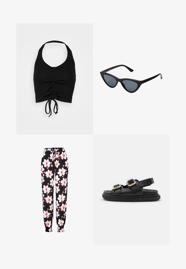 Even&Odd Top - black; Schwarze Stoffhose mit weißem und roten Blumenmuster, elastischem Bund mit Kordelzug und gerafften Bündchen. Leichtes Material.; ALOHAS HARPER - Riemensandalette - black; Schwarze Cat-Eye-Sonnenbrille mit dunkelgrauen Gläsern, schlankem Kunststoffrahmen, spitzen Ecken und geraden Bügeln. Keine sichtbaren Befestigungen oder Akzente.