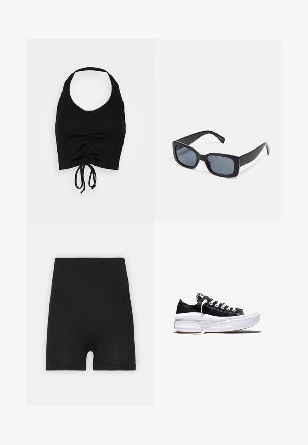 Even&Odd by Zalando Top - black; Sorte ribbede cykelshorts med høj talje og blød tekstur, der har en glat overflade og ingen synlige sømme.; Sort lavt liggende lærreds-sneaker med hvide snørebånd og tyk, flerlags hvid gummisål mod en hvid baggrund.; Sorte rektangulære solbriller med mørkt tonede linser, tyk plastramme og brede stænger. Glat overflade og kantet design.