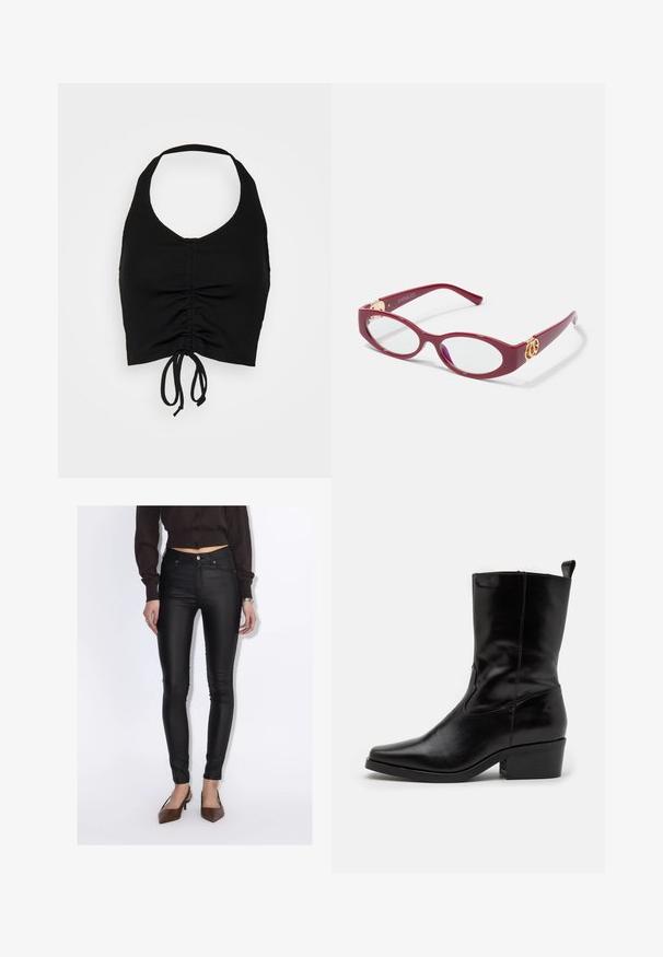 Even&Odd Top - black; Kvinde iført sorte høj-taljede skinny bukser, en kropsnær mørkebrun knapbluse og brune spidse hæle.; Sorte læder ankelstøvler med spids tå, lav blokhæl og syet detaljer. Har elastiske paneler på siden for nem påtagning.; Røde plastikbriller med ovalt stel og klare linser. Har guldfarvede hardware-detaljer på stængerne og et slankt moderne design.