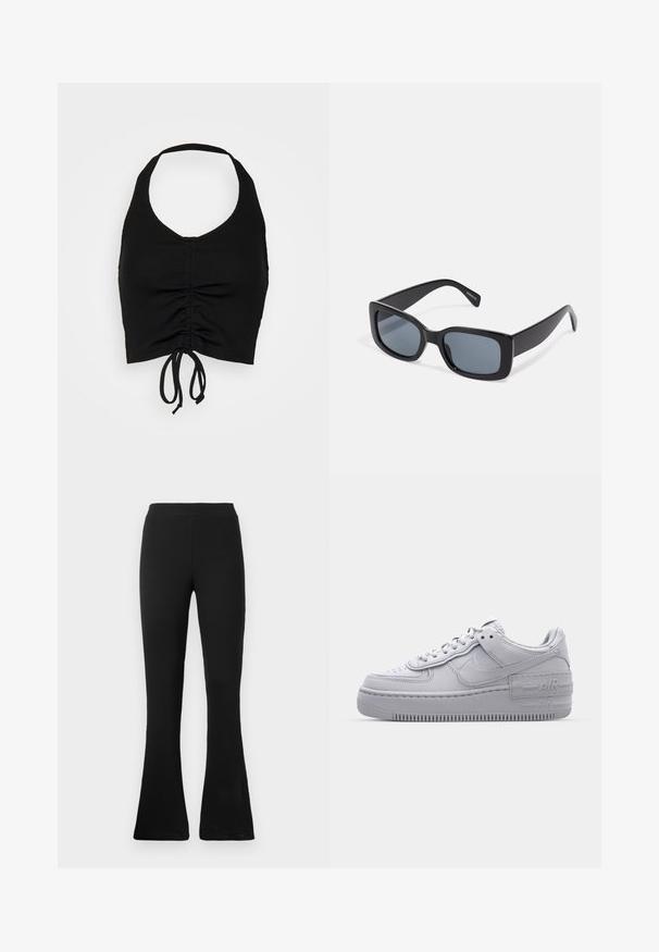 Even&Odd Top - black; Sorte ribbede flared bukser med høj talje. Det bløde, elastiske materiale giver en tætsiddende silhuet og en flared bund for stil og komfort.; Grå Nike Air Force 1 sneakers med perforeret tå, glat læderoverdel, tyk sål og præget 'AIR' detalje på hælen.; Sorte rektangulære solbriller med mørkt tonede linser, tyk plastramme og brede stænger. Glat overflade og kantet design.