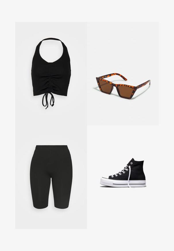 Even&Odd by Zalando Topp - black; Mustad mustad rattad, mis on istuvate lõigetega, elastse vöökoha ja siledaga. Pikkus ulatub põlve kohal. Ilma nähtavate mustrite või kaunistusteta.; Mustad kõrge säärega lõuendist toss valge kummist tallaga ja valgete paeltega, näidatud küljelt valgel taustal.; pruunide toonidega päikeseprillid, millel on kilpkonnakujuline muster, nurgaine raam ja õhukesed käed. Kõrge kvaliteediga plastmaterjal.