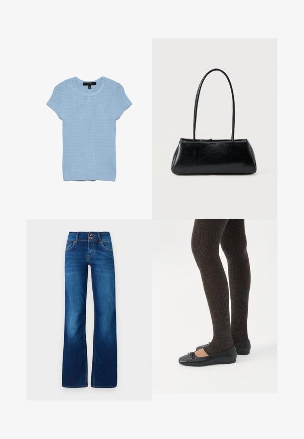 Top de punto azul claro de manga corta con canalé vertical y pequeño patrón de ojales, escote redondo y bajo ajustado.; Jeans de pernera ancha en denim azul, con dos botones frontales, costuras naranjas y una textura suave. Diseño clásico de cinco bolsillos.; Piernas con leggings oscuros acanalados combinados con bailarinas negras que presentan pequeños detalles de lazo sobre un fondo blanco.; Bolso de hombro rectangular negro con correas largas y delgadas y una textura lisa y brillante sobre un fondo liso.