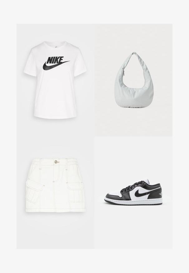 Witte katoenen T-shirt met een ronde hals, korte mouwen en een groot zwart Nike-logo gedrukt over de borst. Gladde textuur en casual ontwerp.; BDG Urban Outfitters SKIRT - Jeansrok - white; Zwart-witte Nike lage sneakers hebben een glad leren bovenwerk, een ronde neus, vetersluiting en een gestippelde rubberen zool.; Zachte, lichtgrijze hobo tas van synthetisch materiaal. Heeft een enkele gevoerde handgreep en een ritsvak aan de zijkant.
