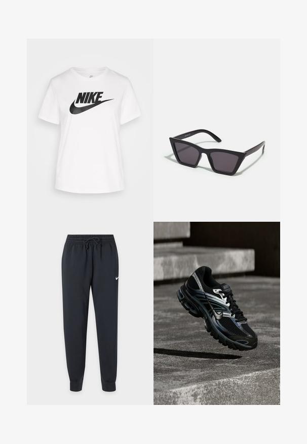 Weißes Baumwoll-T-Shirt mit Rundhalsausschnitt, kurzen Ärmeln und einem großen schwarzen Nike-Logo, das über die Brust gedruckt ist. Glatte Textur und lässiges Design.; Schwarze Nike Jogginghose mit elastischem Bund und Kordelzug, schmal zulaufenden Beinen, Bündchen an den Knöcheln und kleinem weißen Nike-Swoosh am rechten Oberschenkel.; Schwarzer und silberner Nike Laufschuh, der über Betontreppen schwebt und im Außenbereich detailliertes Design und strukturierte Sohle zeigt.; Schwarze, eckige Sonnenbrille mit grauen Gläsern; aus Kunststoff gefertigt, mit dicken Bügeln, die eine glatte Oberfläche und keine sichtbaren Beschläge haben.