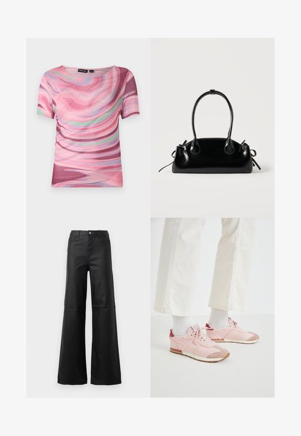 Kurzarm-T-Shirt mit einem rosa und lila Wirbelmuster, aus leichtem Stoff mit einem runden Ausschnitt und elastischem Schnitt.; Schwarze weit geschnittene Jeans aus glattem Denim, mit Knopfverschluss, vorderen Taschen und hohem Bund.; Rosa Sport Schuhe mit einer Kombination aus glatten und strukturierten Materialien. Merkmale sind ein bordeauxfarbener Akzent an der Ferse und eine weiße Gummisohle.; Kleine schwarze glänzende Handtasche mit zwei langen Griffen und seitlichen Kordelzug-Details vor einfachem hellem Hintergrund.